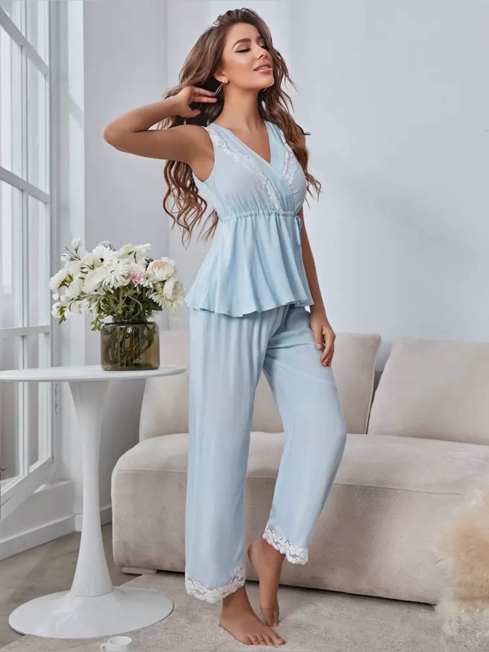 Light Blue Lace Trim Women's Sleep Set